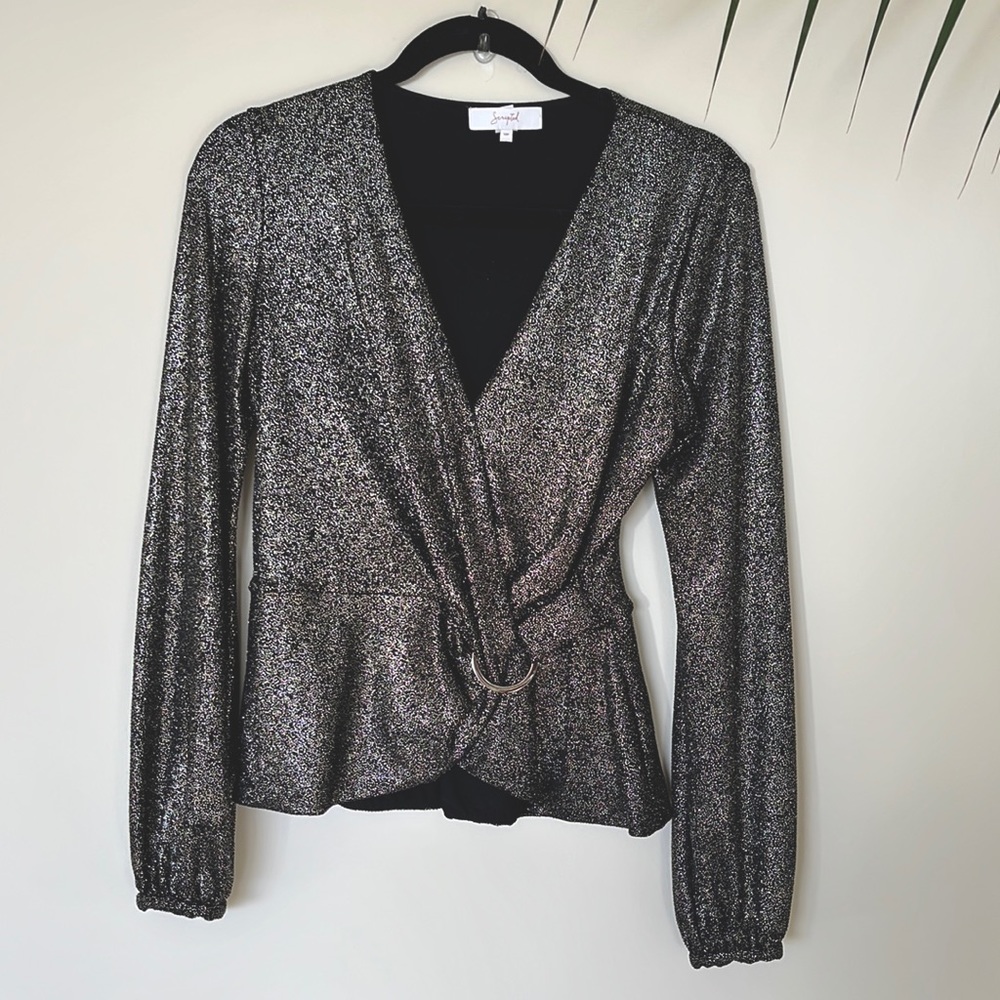 Scripted Black wrap top with Gold and Silver accents
